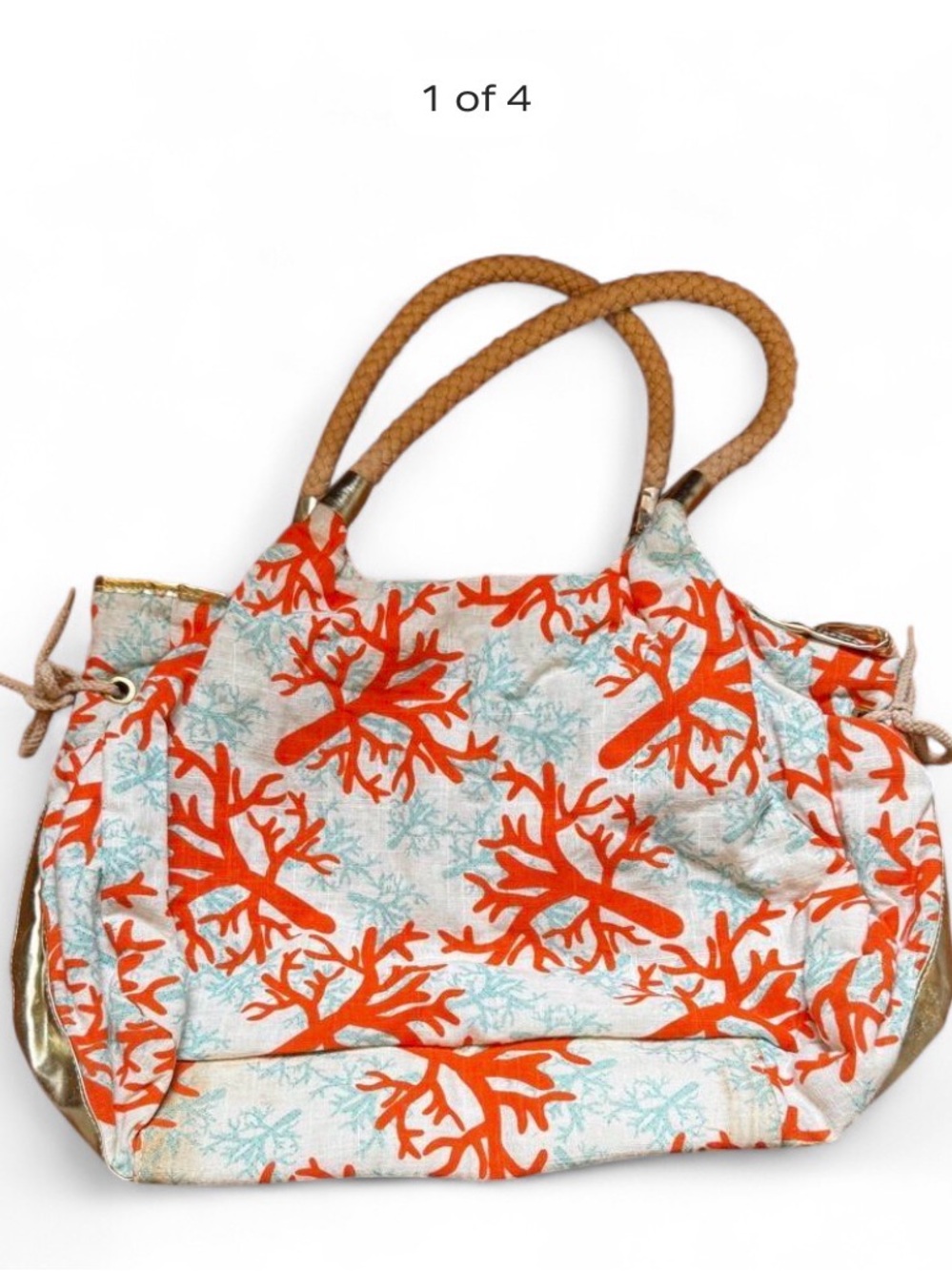 Coral-Print Canvas Tote with Braided Tan Handles